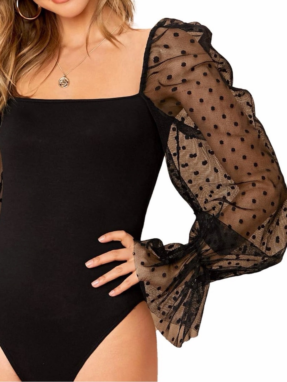 Black Sheer Polka Dot Puff Sleeve Bodysuit - Women Tops